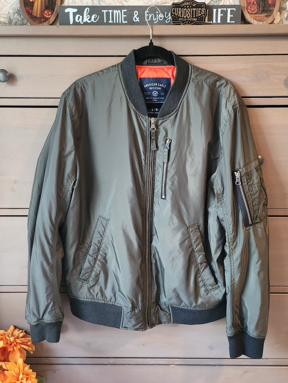 American Eagle Outfitters Olive Green Bomber Jacket with Orange Lining